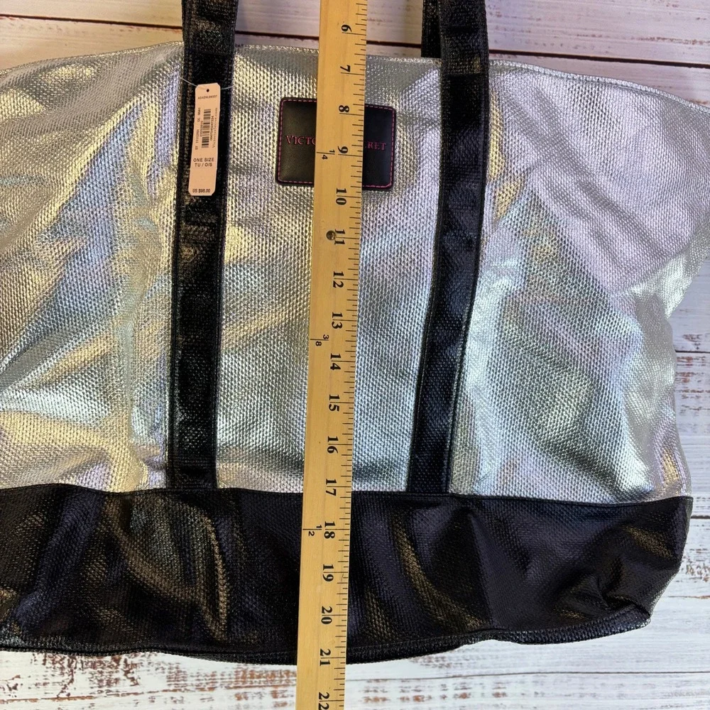 Victoria's Secret Tote Bag Silver Black Metallic Textured Y2K Aesthetic NWT